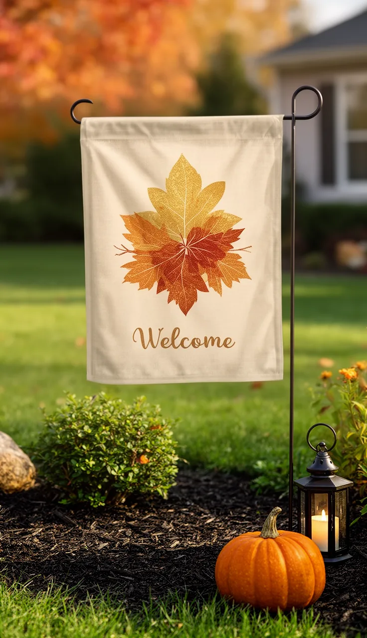 Simple hello fall garden flag on a tidy lawn