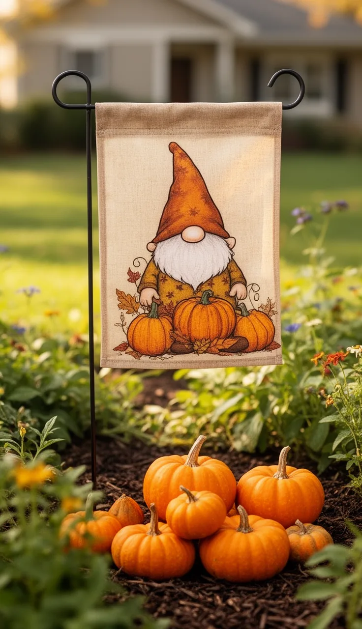 Fall gnome garden flag in a playful yard