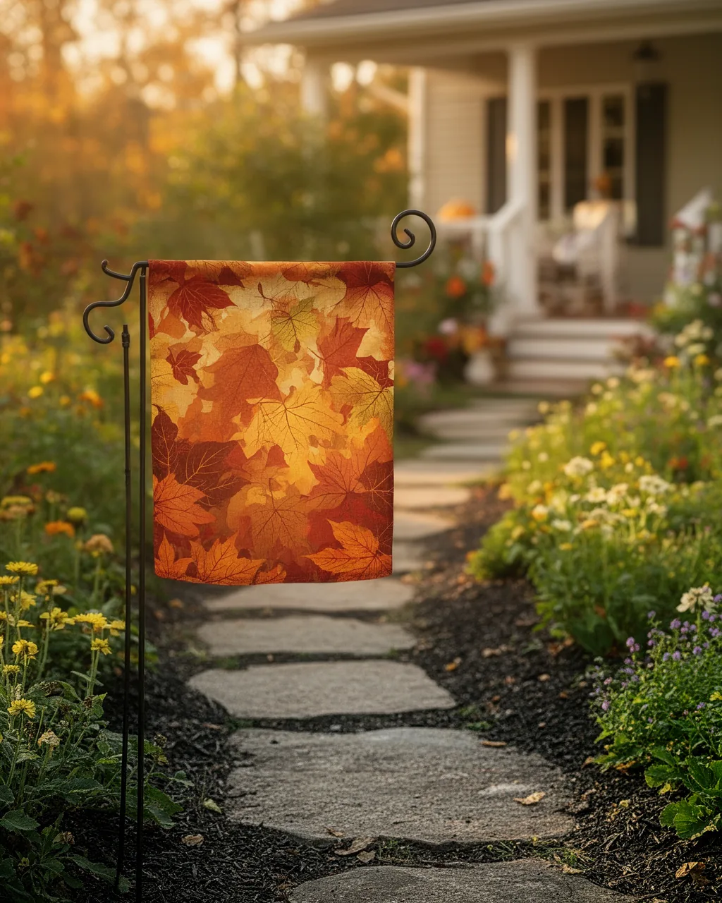 Welcome garden flag by the walk