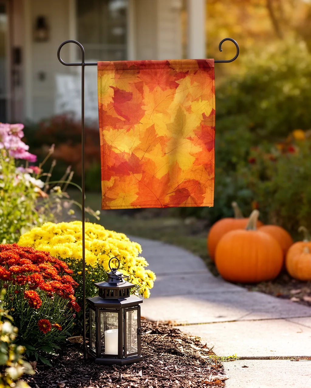 Fall yard styled around a flag