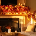 Fall garland draped across a cozy living room mantel and staircase
