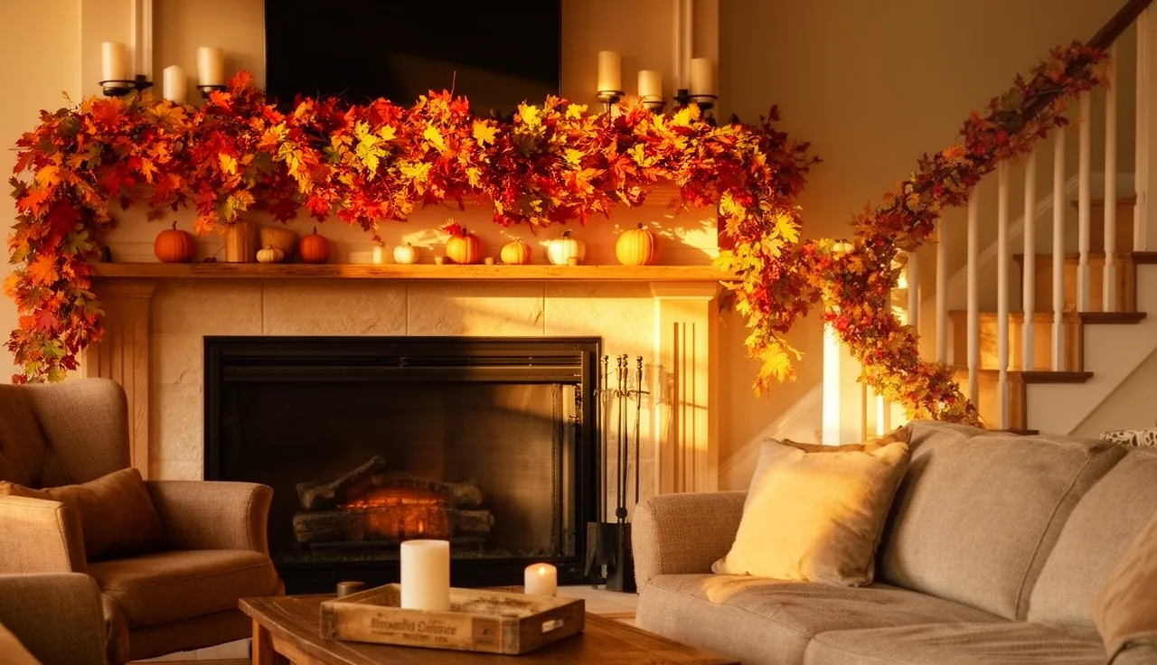 Fall garland draped across a cozy living room mantel and staircase