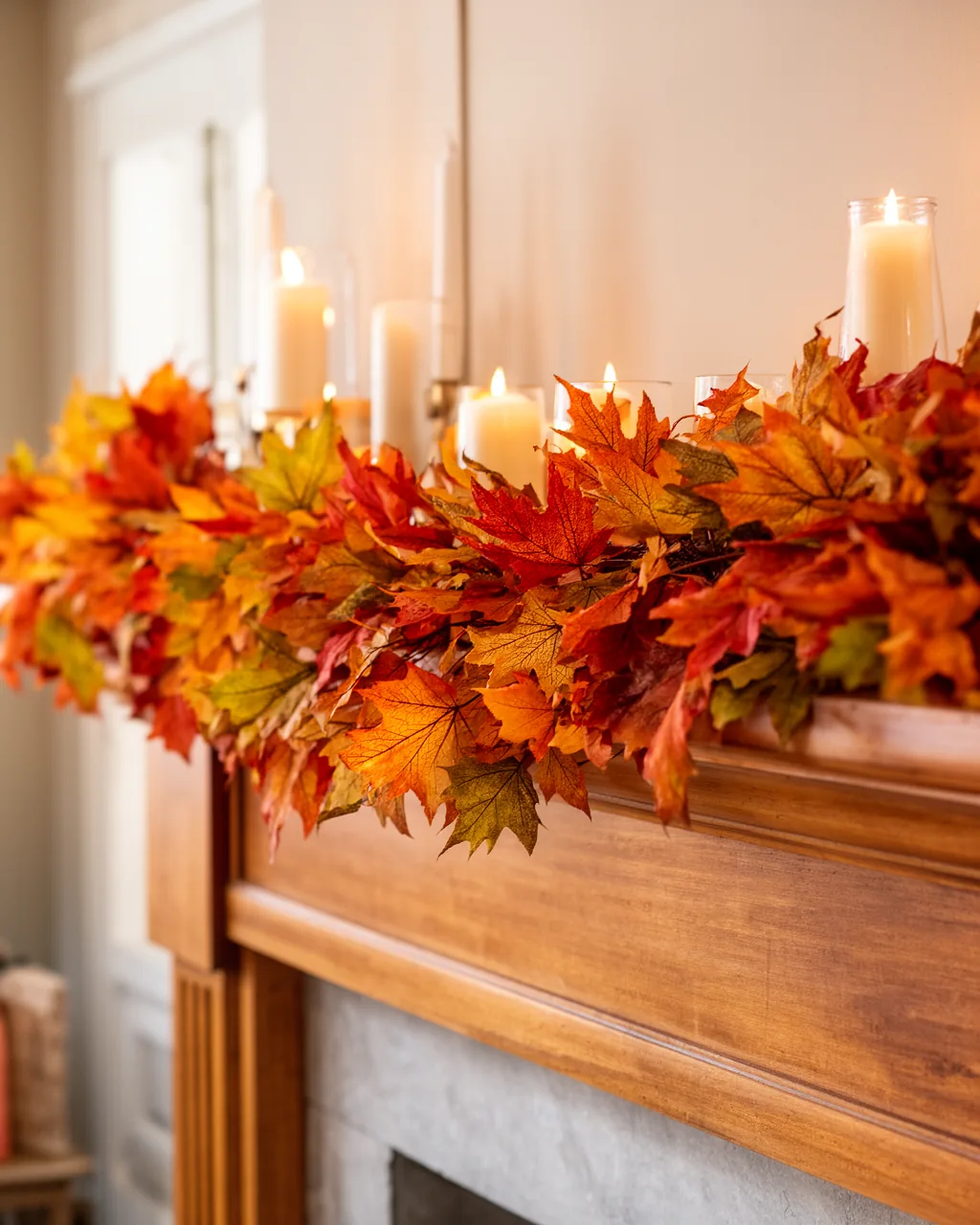 Maple leaf fall garland on a wood mantel with candles
