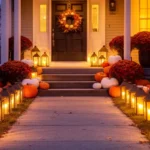Cozy fall porch and path glowing with warm lanterns at dusk