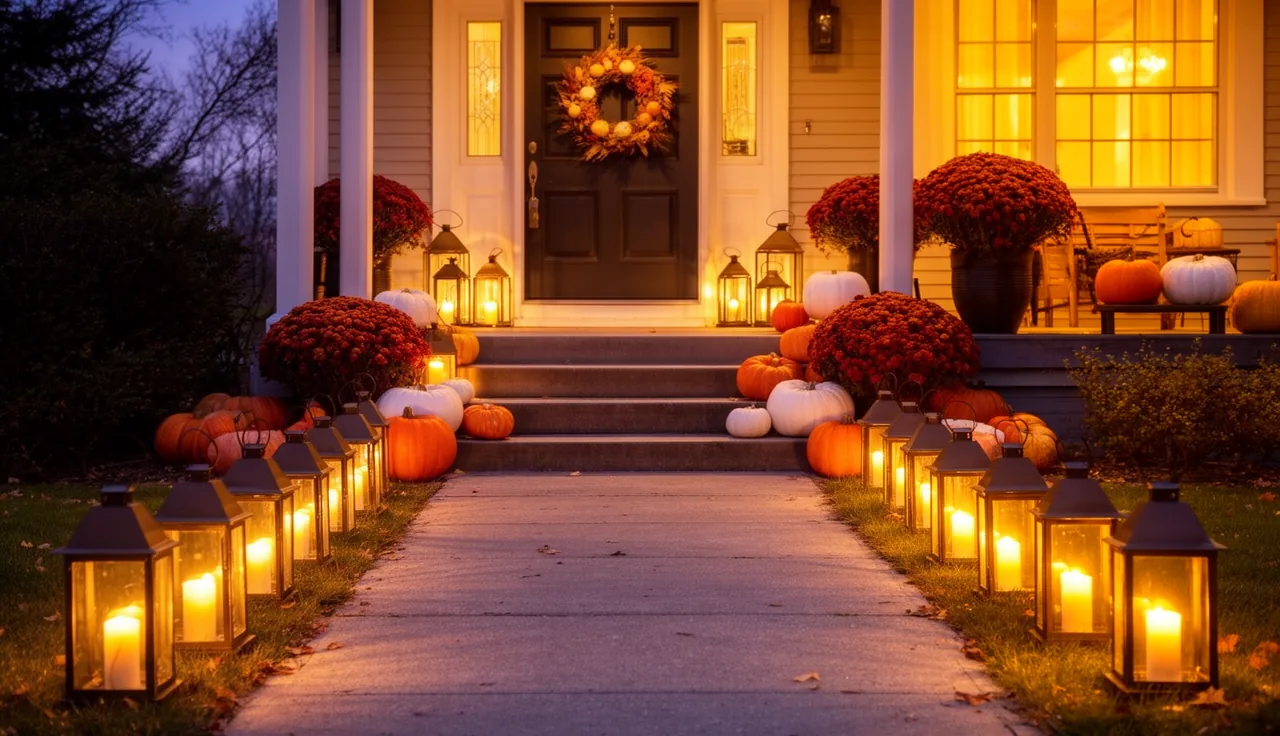 Cozy fall porch and path glowing with warm lanterns at dusk
