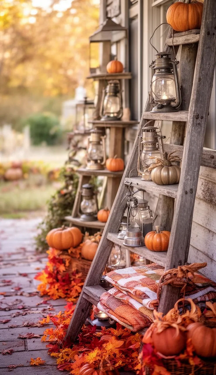 Fall lanterns styled on an old ladder