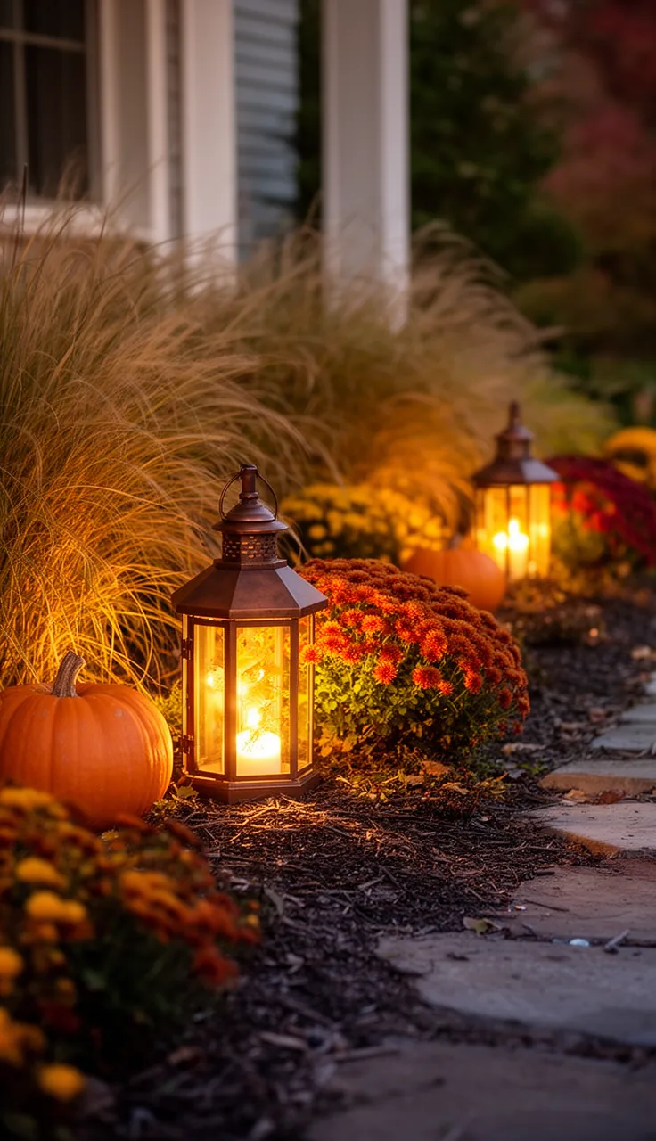 Outdoor fall lanterns along the garden beds
