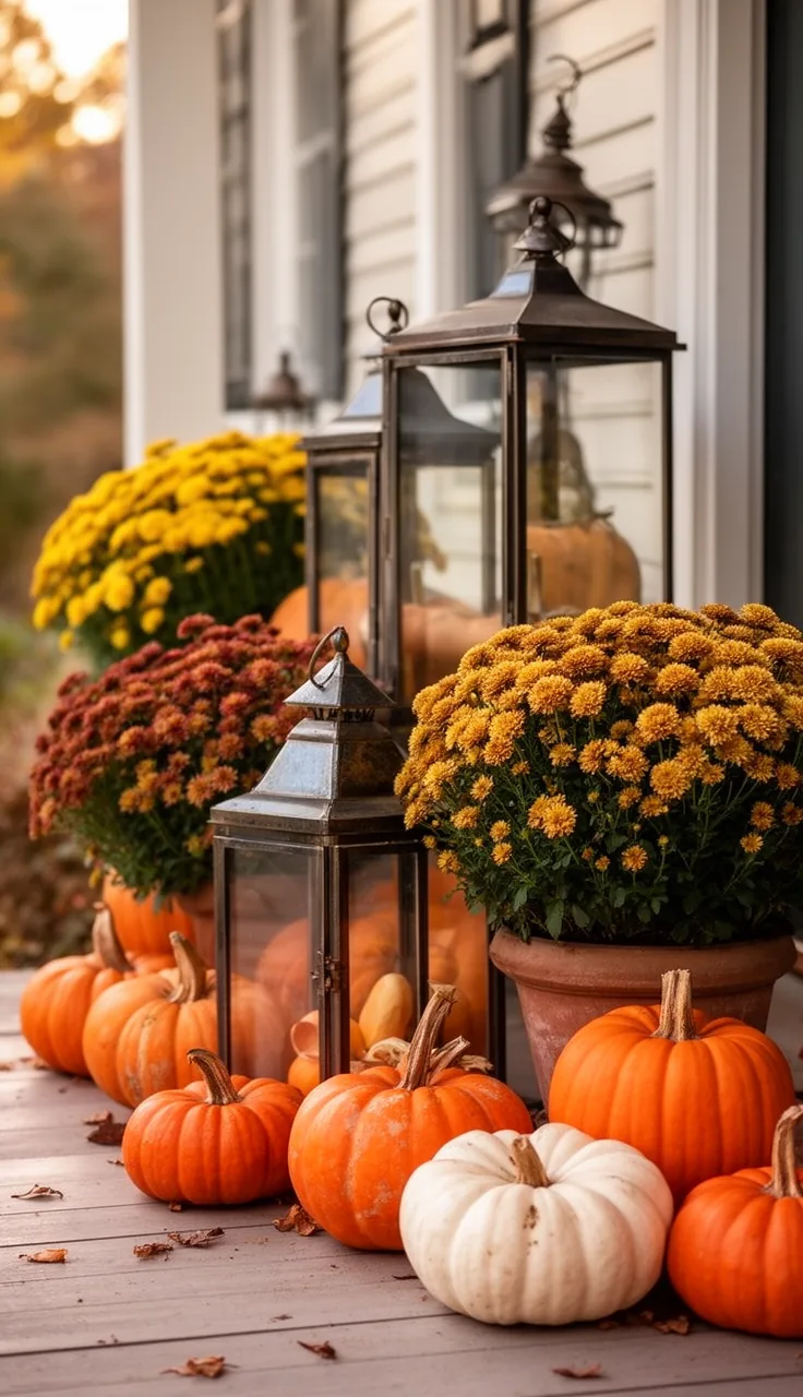 A fall lantern paired with mums and pumpkins
