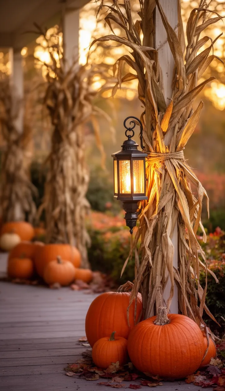 A fall lantern and corn stalk vignette