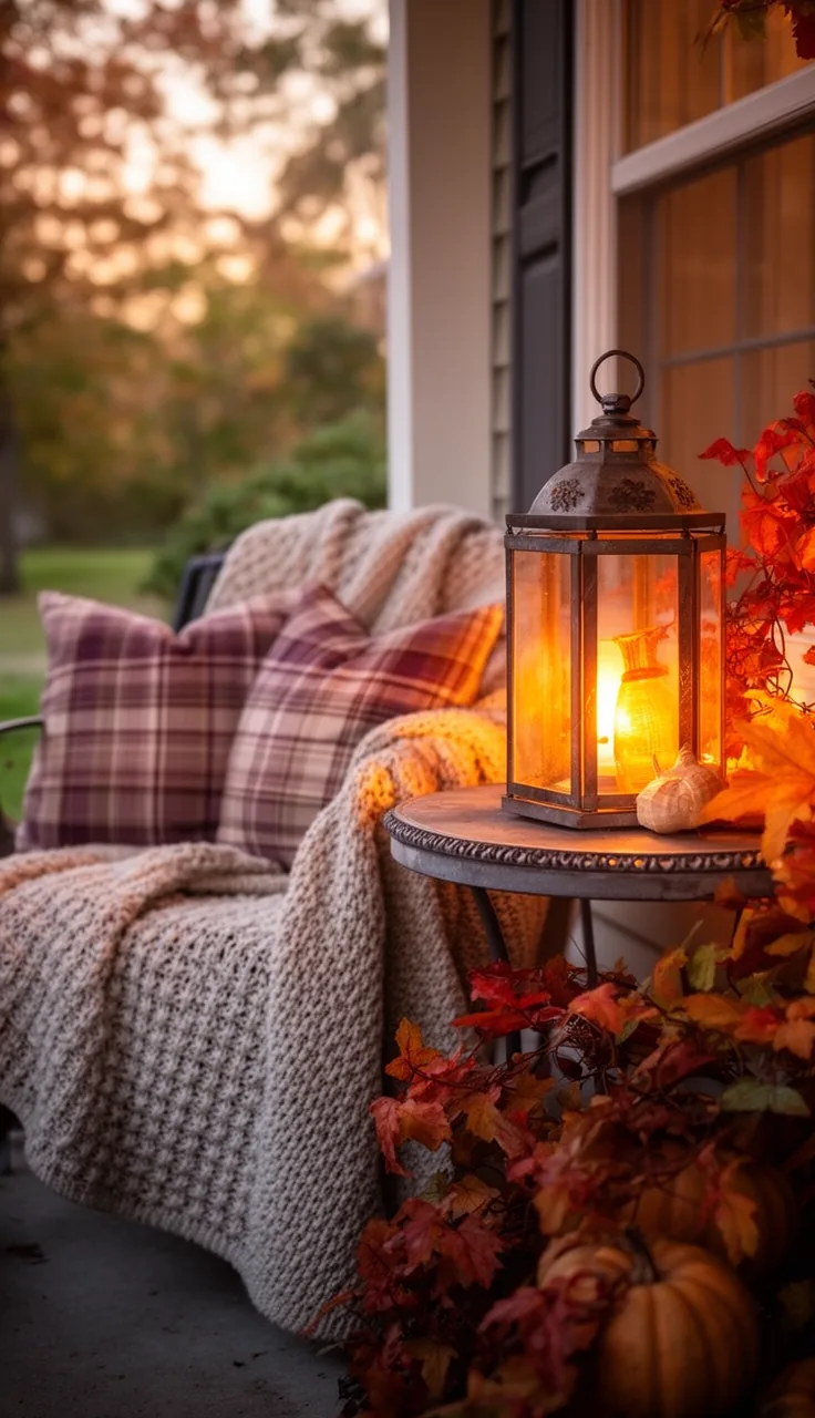 A fall lantern in a cozy seating nook