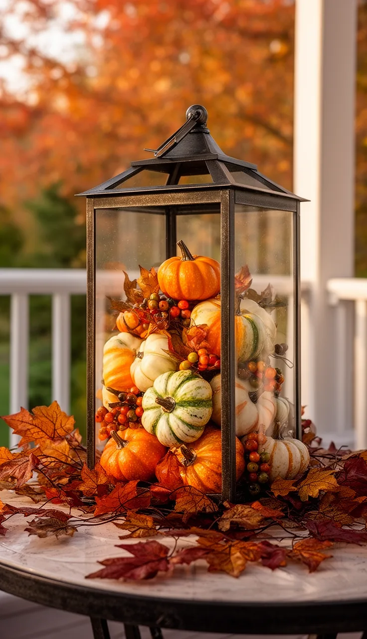A fall lantern filled with pumpkins and gourds