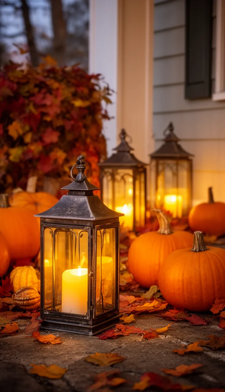 Candlelit fall lanterns glowing at dusk