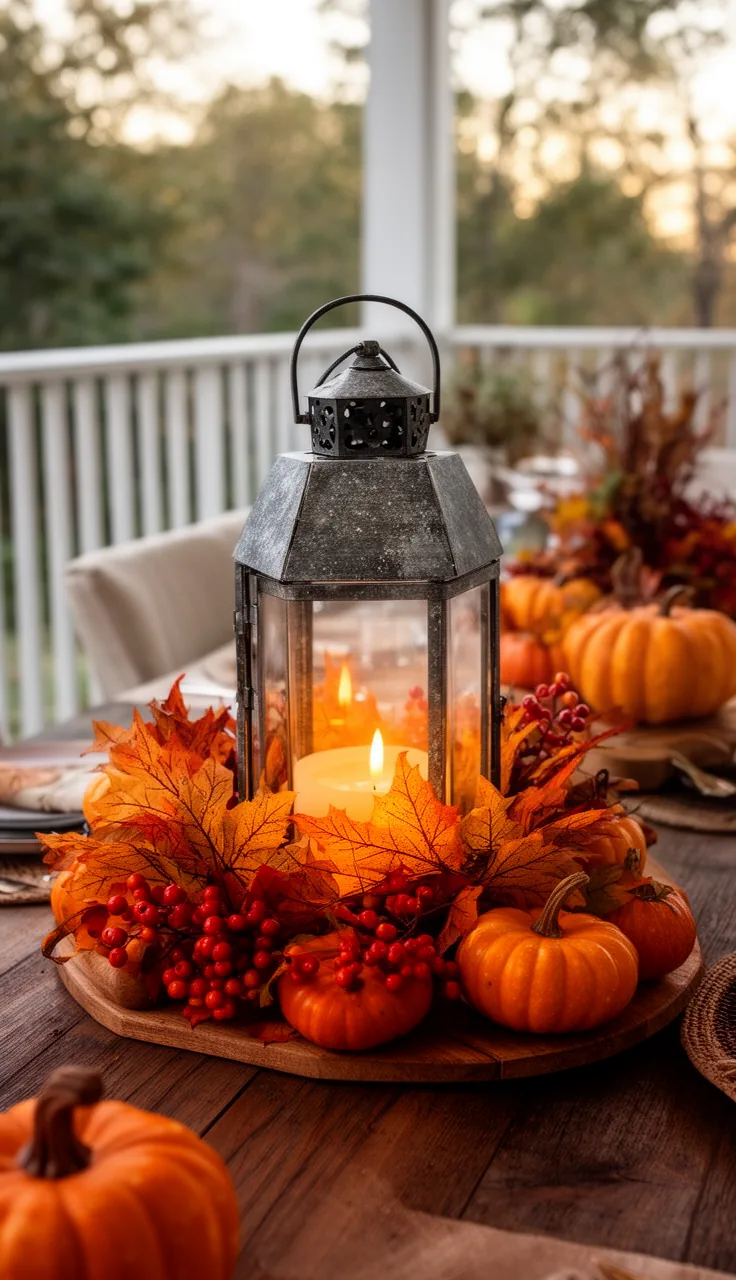 A fall lantern centerpiece on the porch table