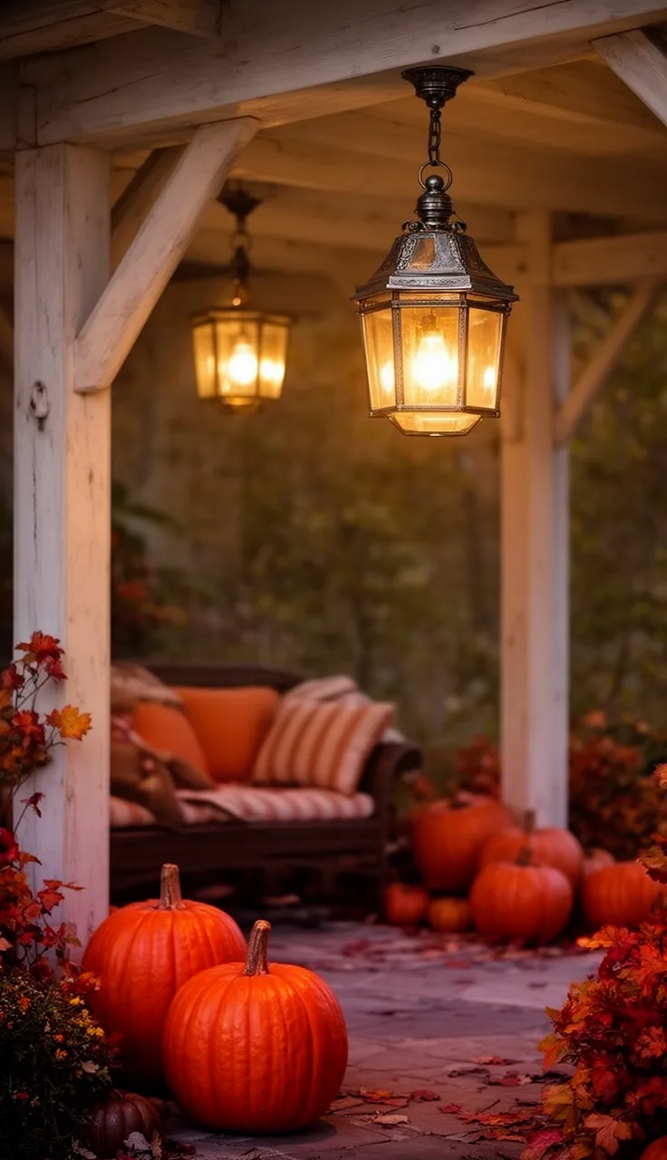 Fall lanterns hanging from the porch ceiling