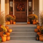 Fall front porch with matched planters of mums and grasses
