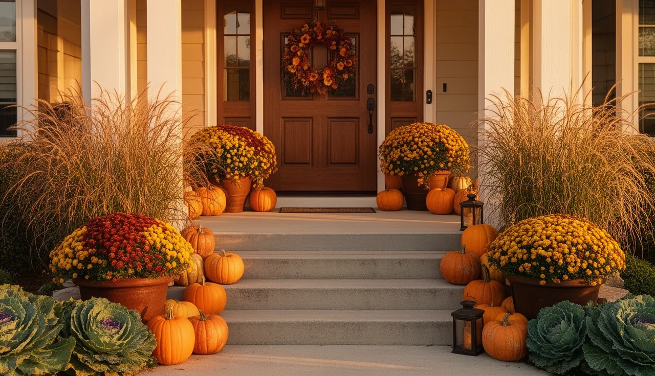 Fall front porch with matched planters of mums and grasses