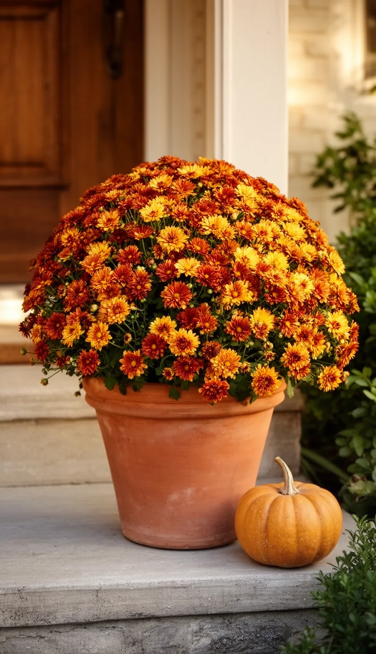 Classic mum planter in rust and gold on a front porch step