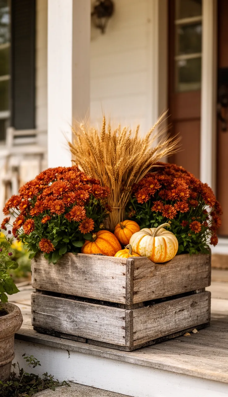 Rustic wooden crate planter with mums and gourds