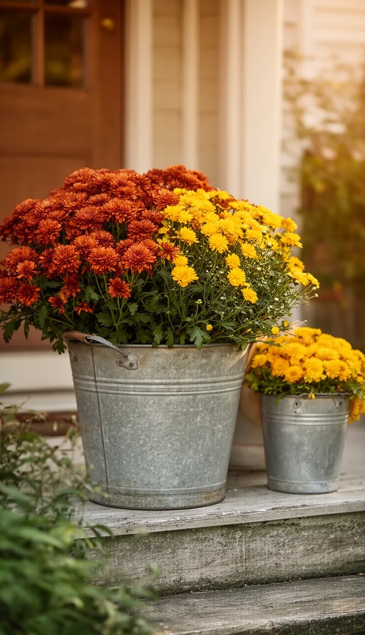 Galvanized bucket planter with rust and gold fall blooms