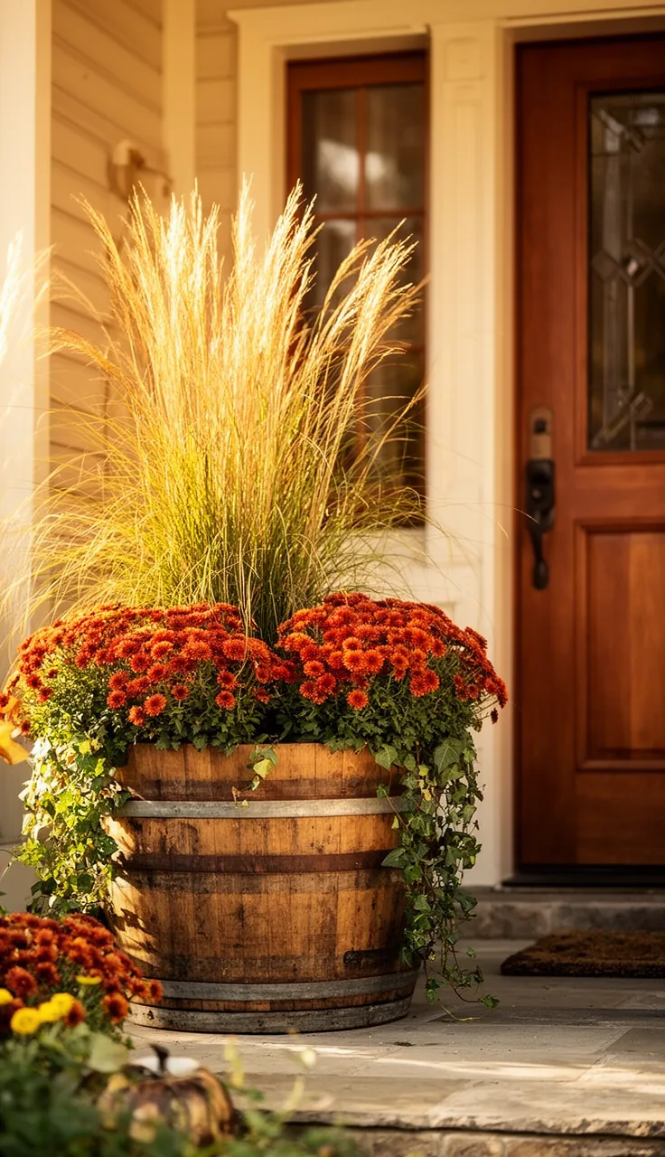 Whiskey barrel planter with a full fall arrangement