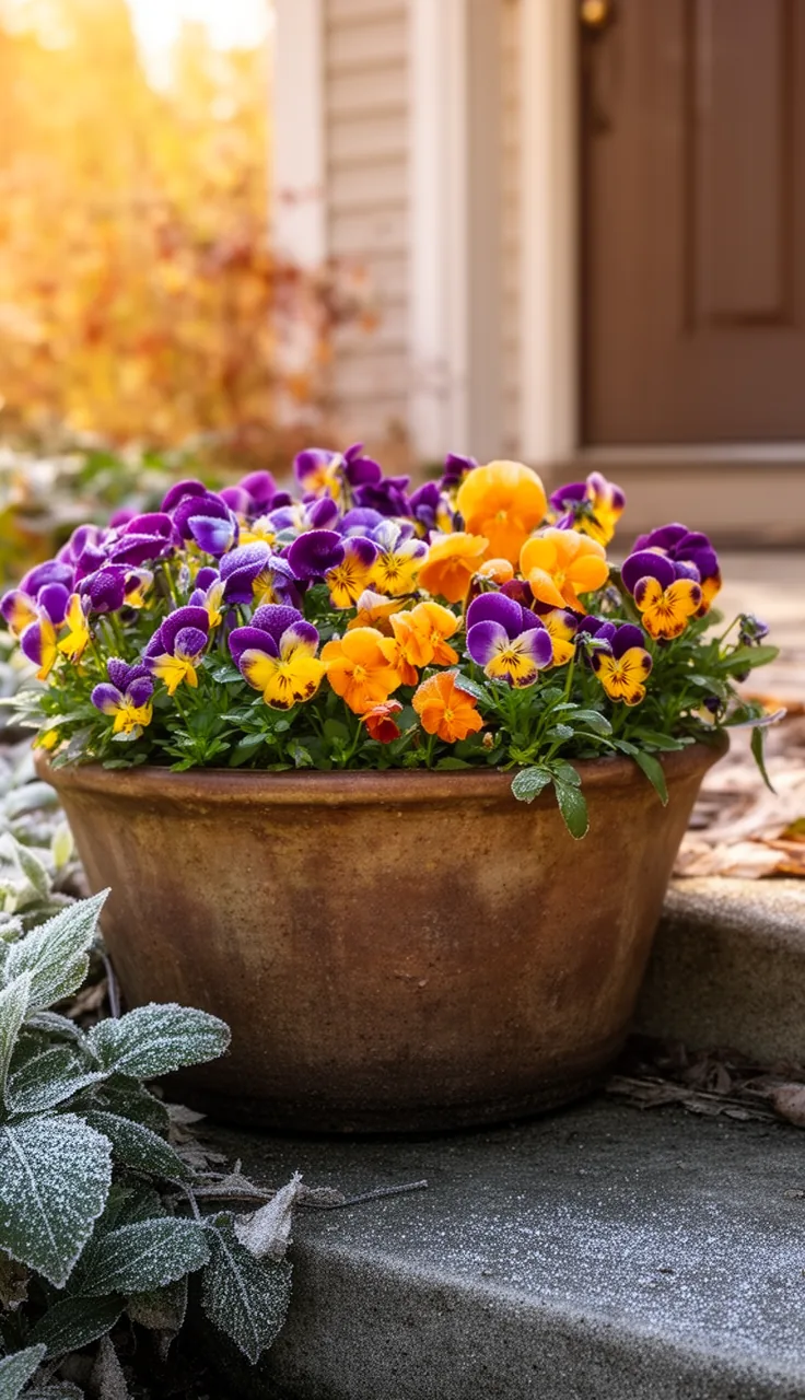 Pansy and viola planter blooming in late fall