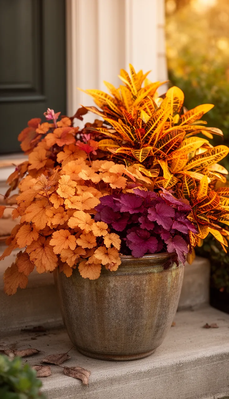 Warm foliage planter with coral bells and croton