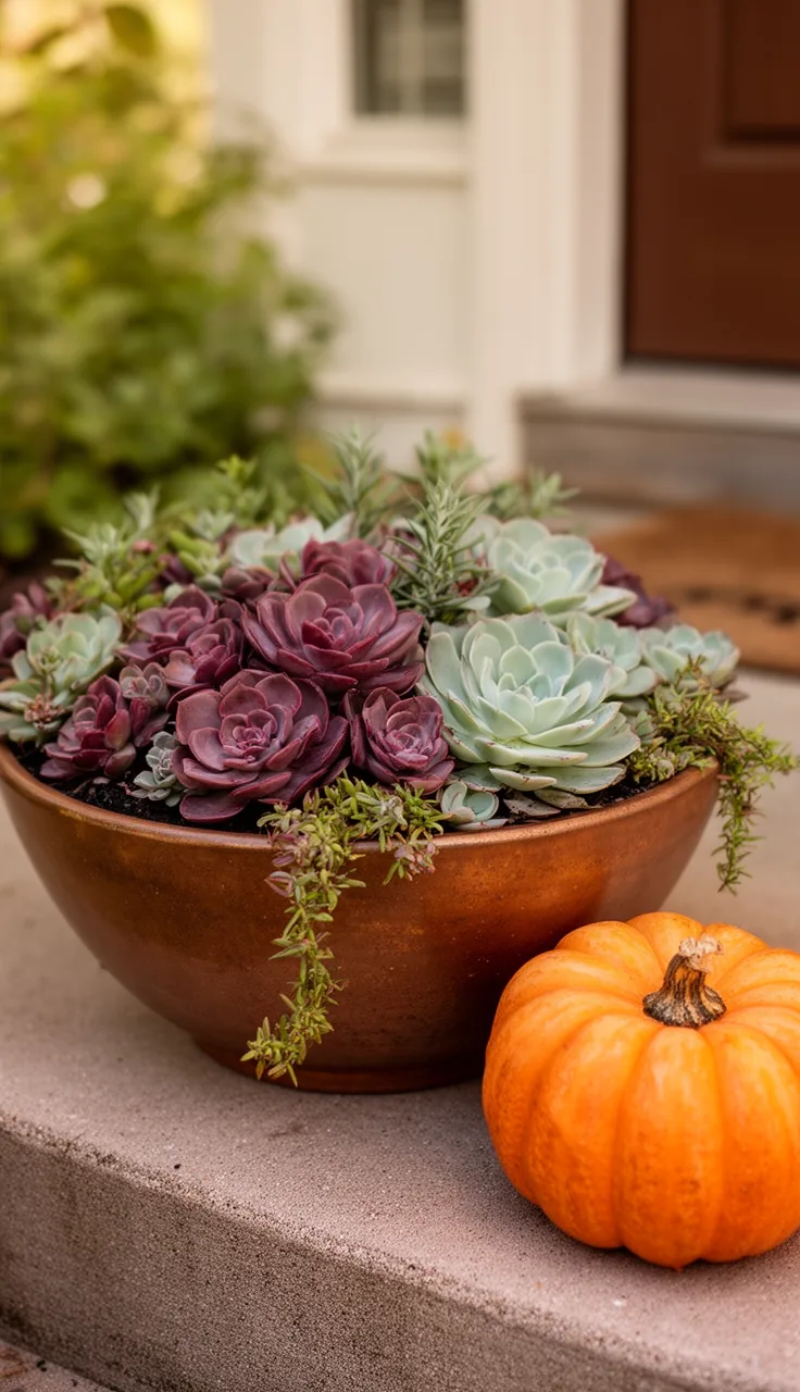 Low-maintenance succulent planter with a mini pumpkin