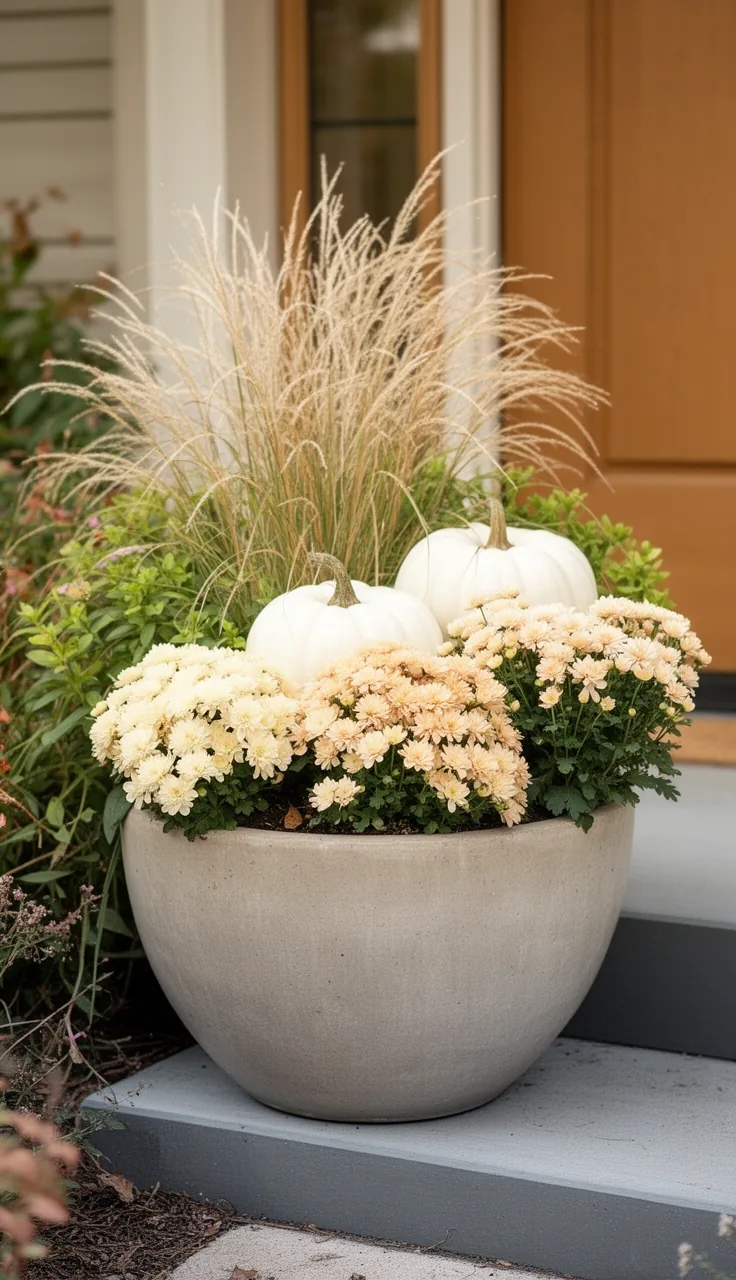 Neutral fall planter with white pumpkins and cream mums