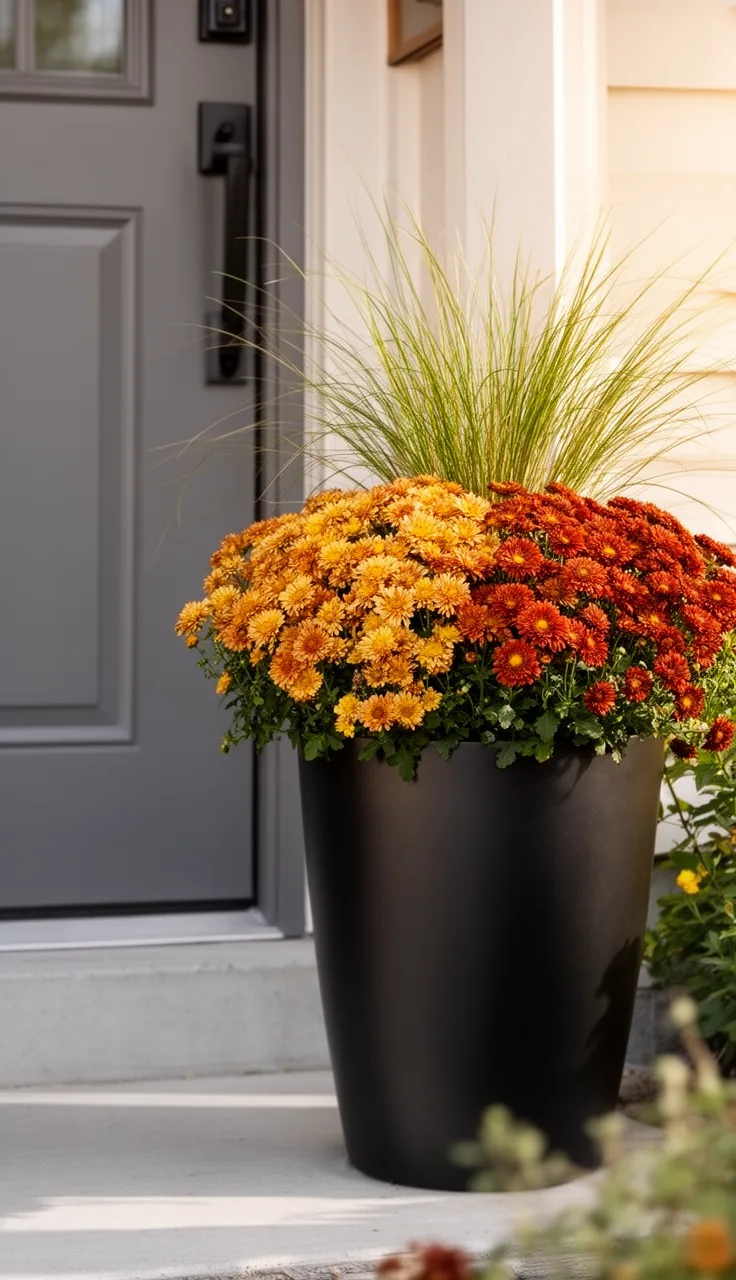 Modern black planter with warm fall blooms