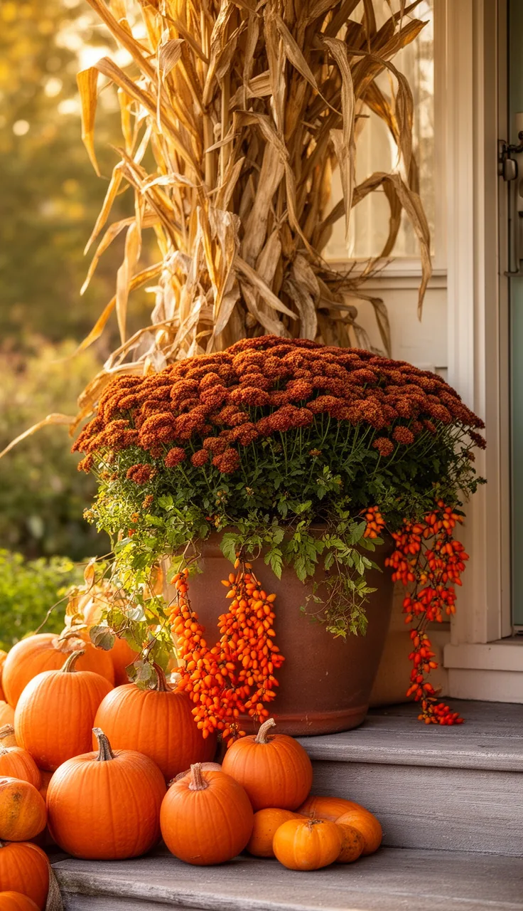 Cornstalk and mum planter forming a harvest scene