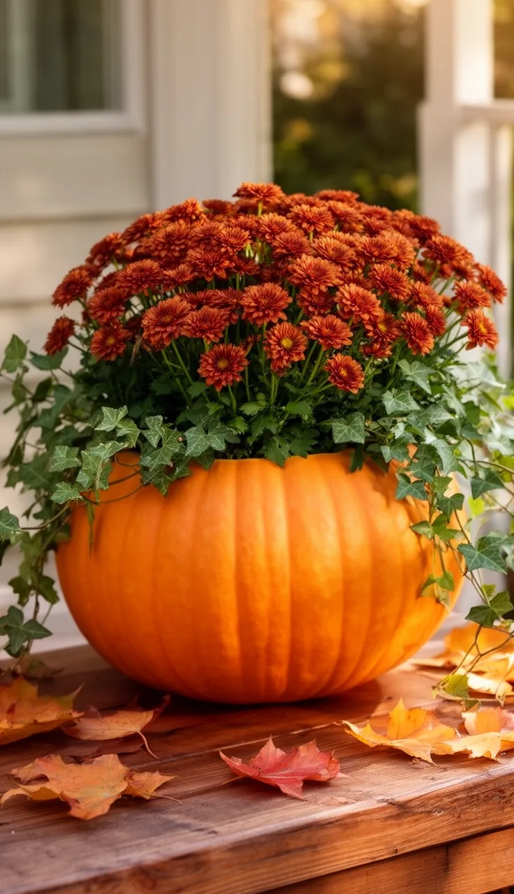 Pumpkin planter filled with mums and ivy on a porch table