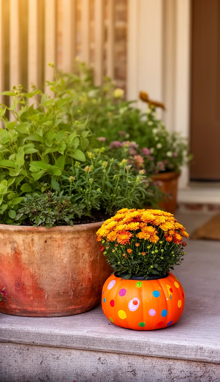 Kid-friendly painted pumpkin planter with mums