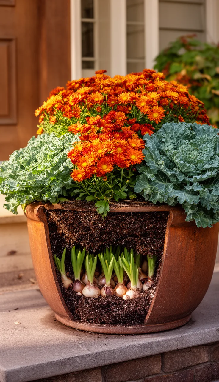 Layered bulb planter with mums on top and spring bulbs below