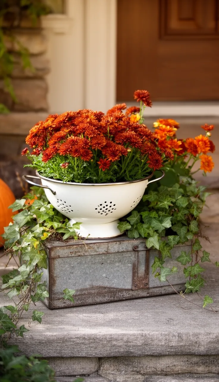 DIY thrifted container planters with mums and ivy