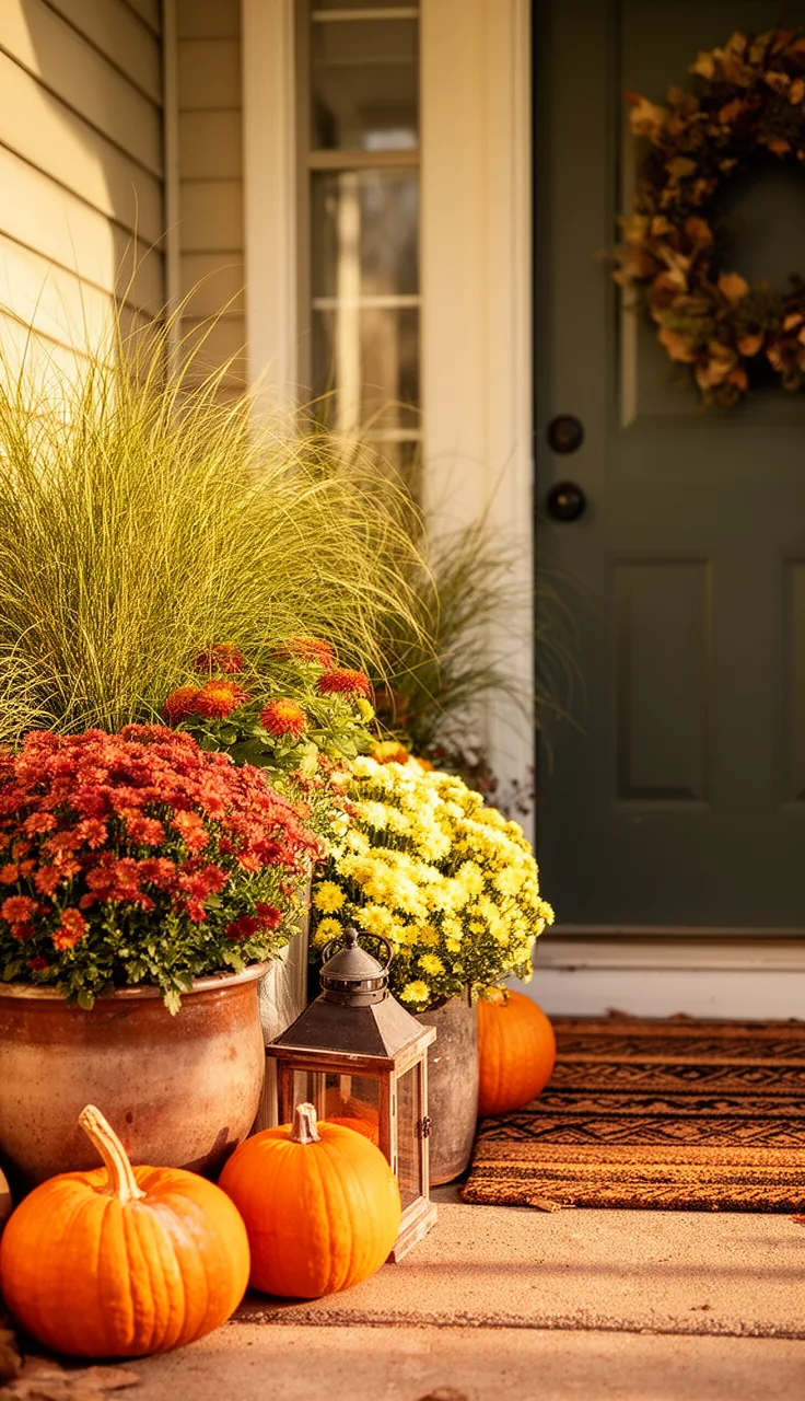Fall porch styled around mum and grass planters