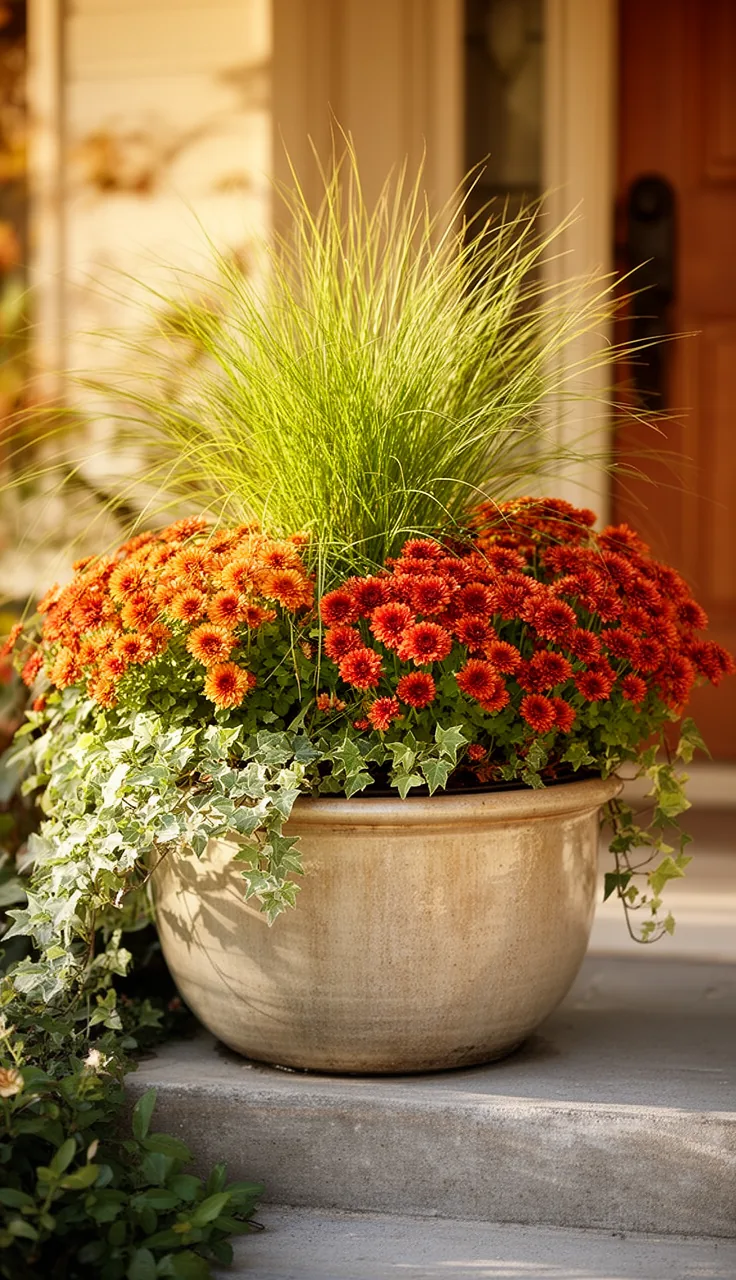 Mixed fall container with grass, mums, and trailing ivy