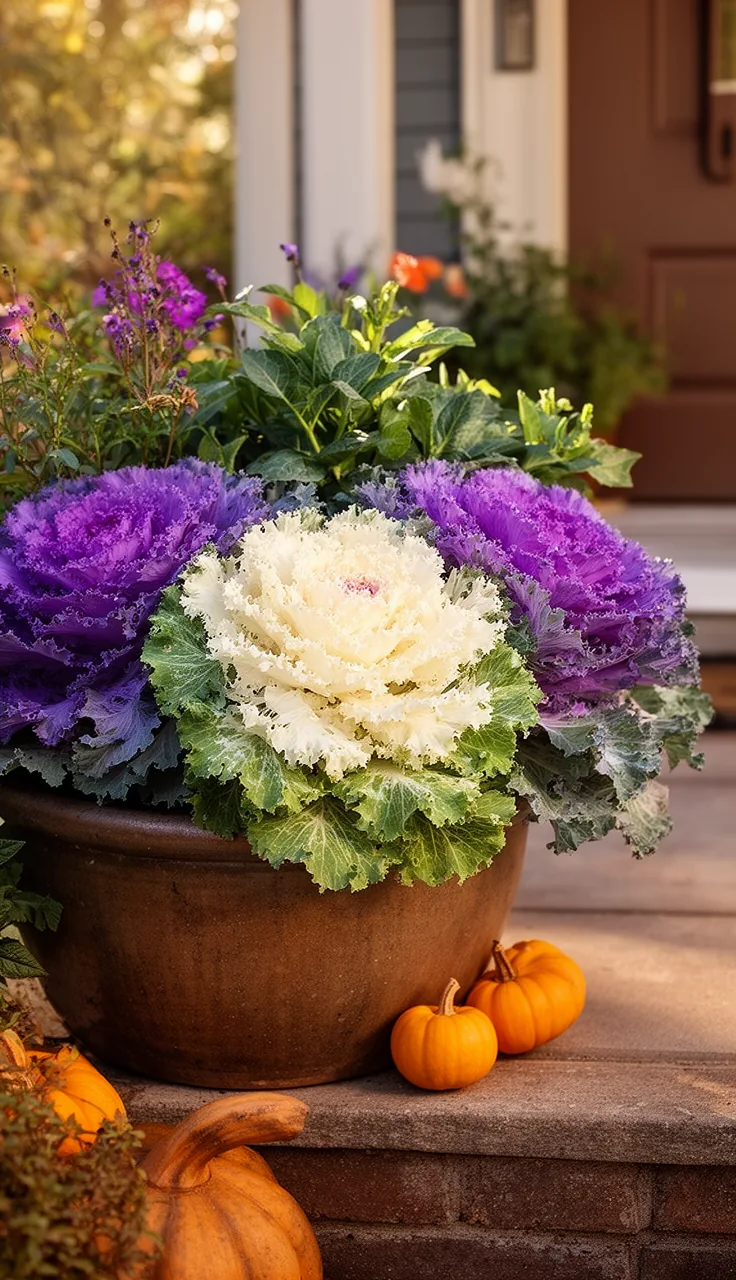 Ornamental cabbage and kale planter in purple and cream