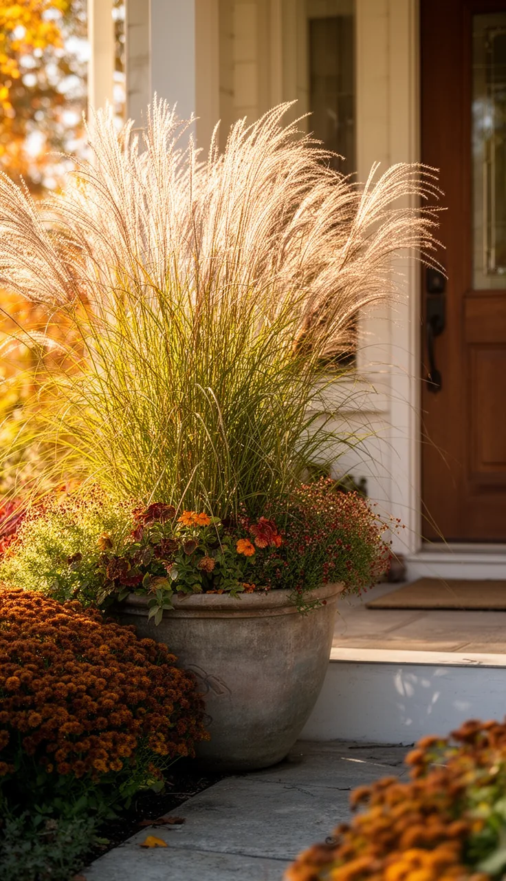Ornamental grass planter adding height beside a front door