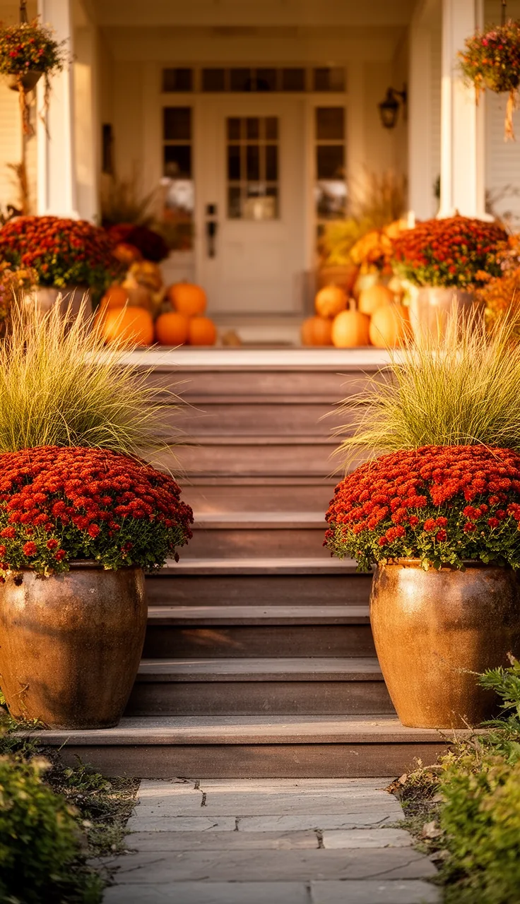 Matched pair of fall planters framing the front steps
