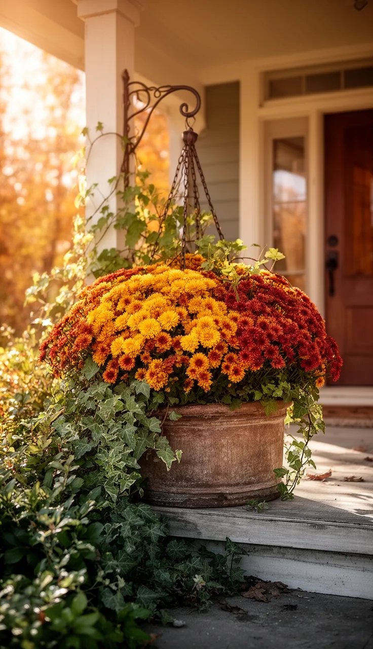 Hanging basket of trailing mums on a fall porch