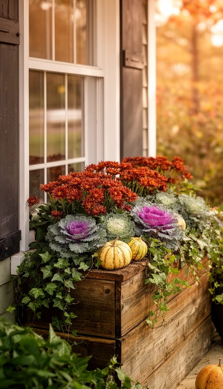 Fall window box packed with mums, kale, and gourds
