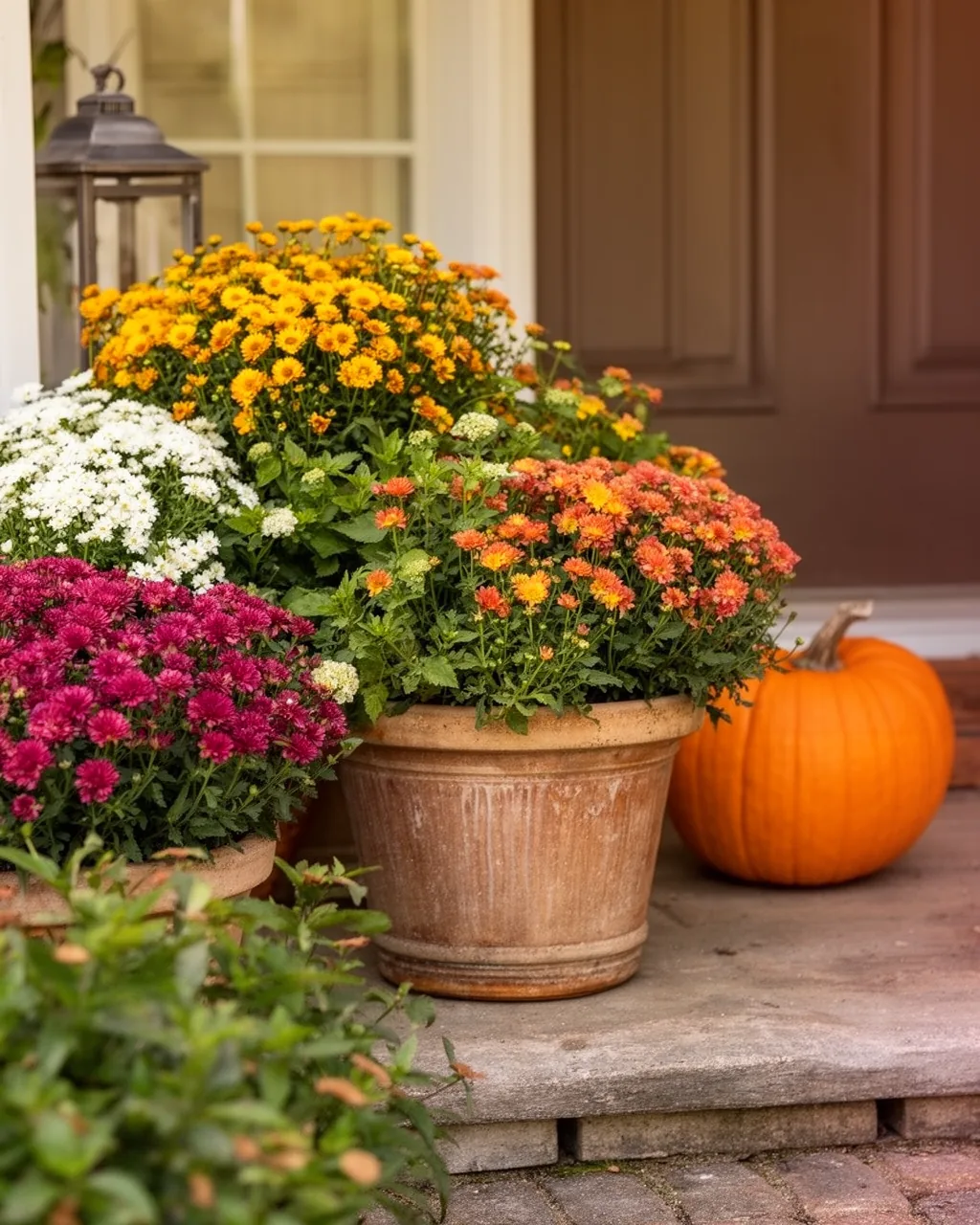 Fall porch styled around planters