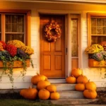Fall house exterior with window boxes of mums and kale