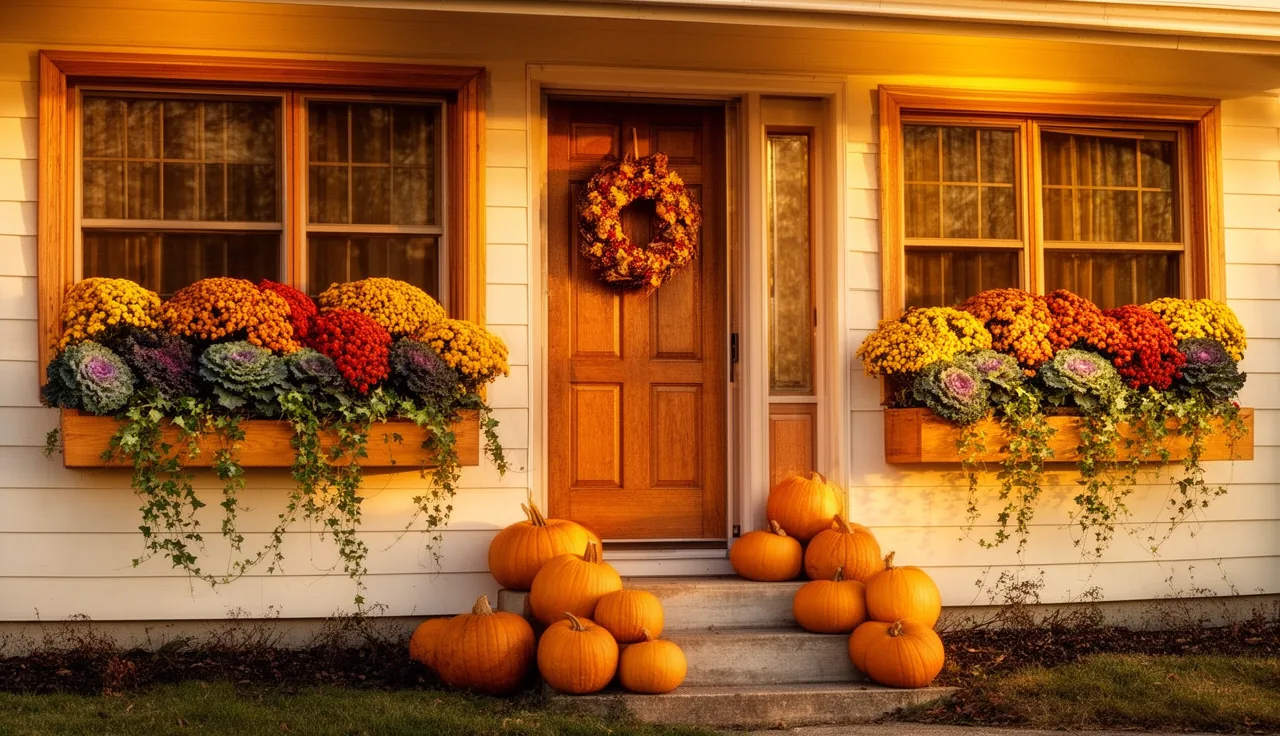 Fall house exterior with window boxes of mums and kale