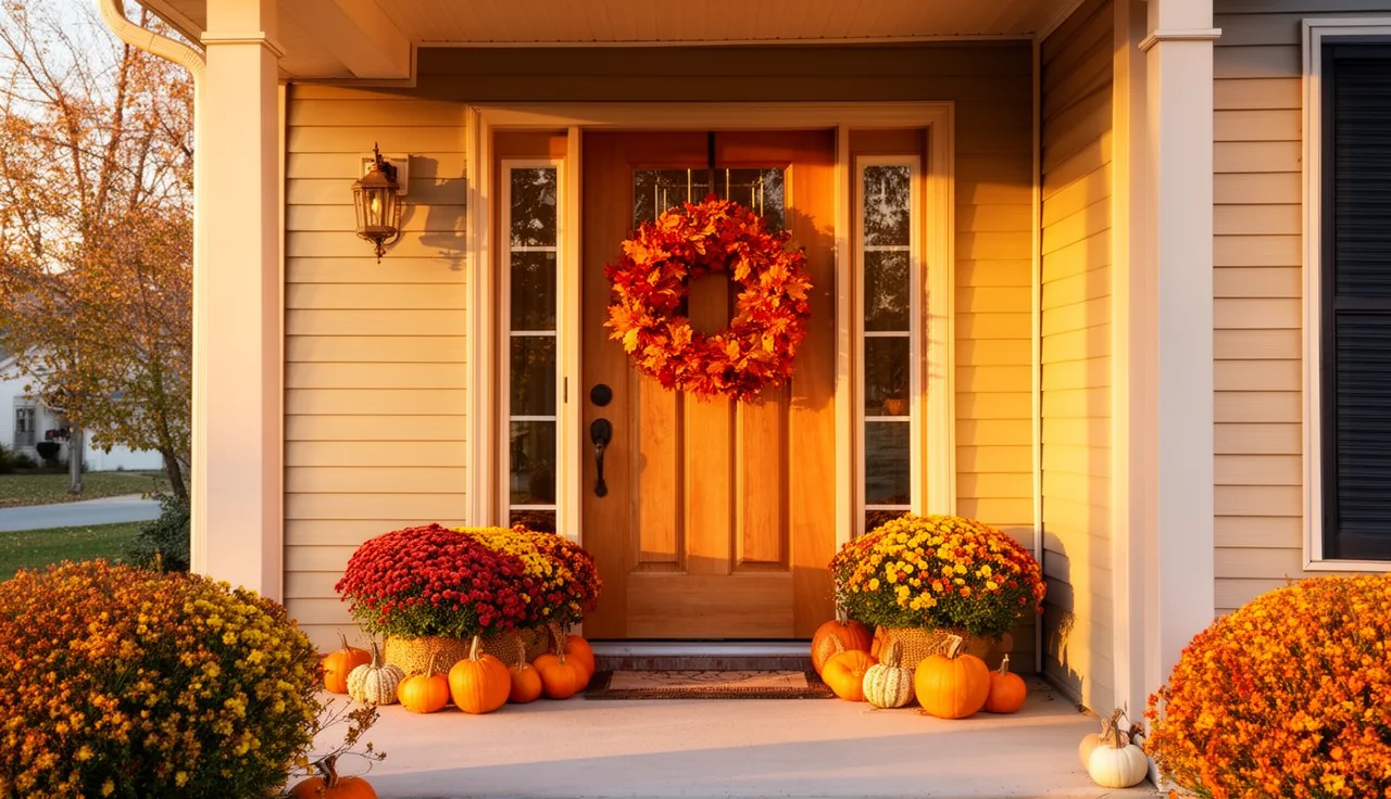 Fall wreath on a cozy welcoming front porch in autumn