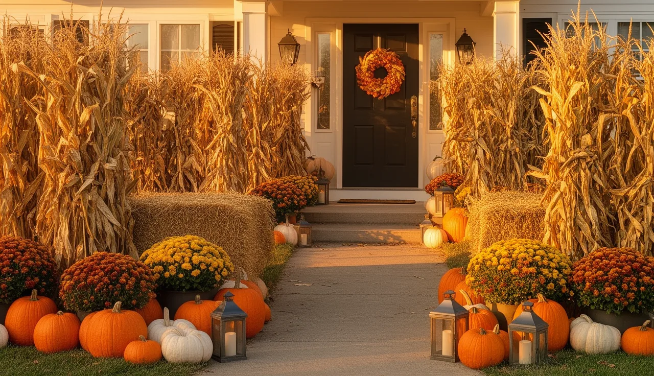 Cozy fall front yard with corn stalks pumpkins mums and lanterns