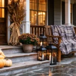 Fall porch decorated with pumpkins, mums and corn stalks after rain