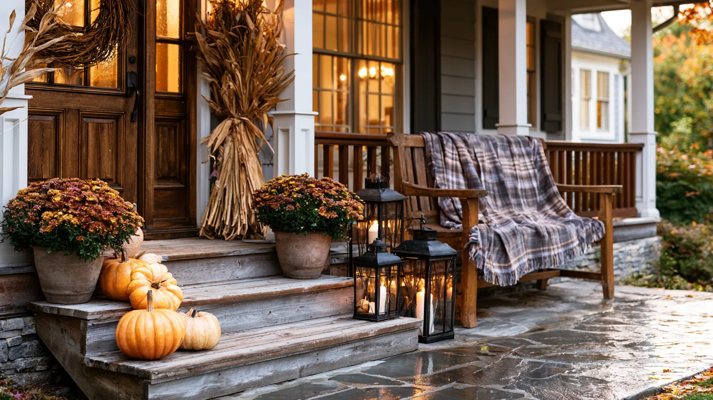 Fall porch decorated with pumpkins, mums and corn stalks after rain