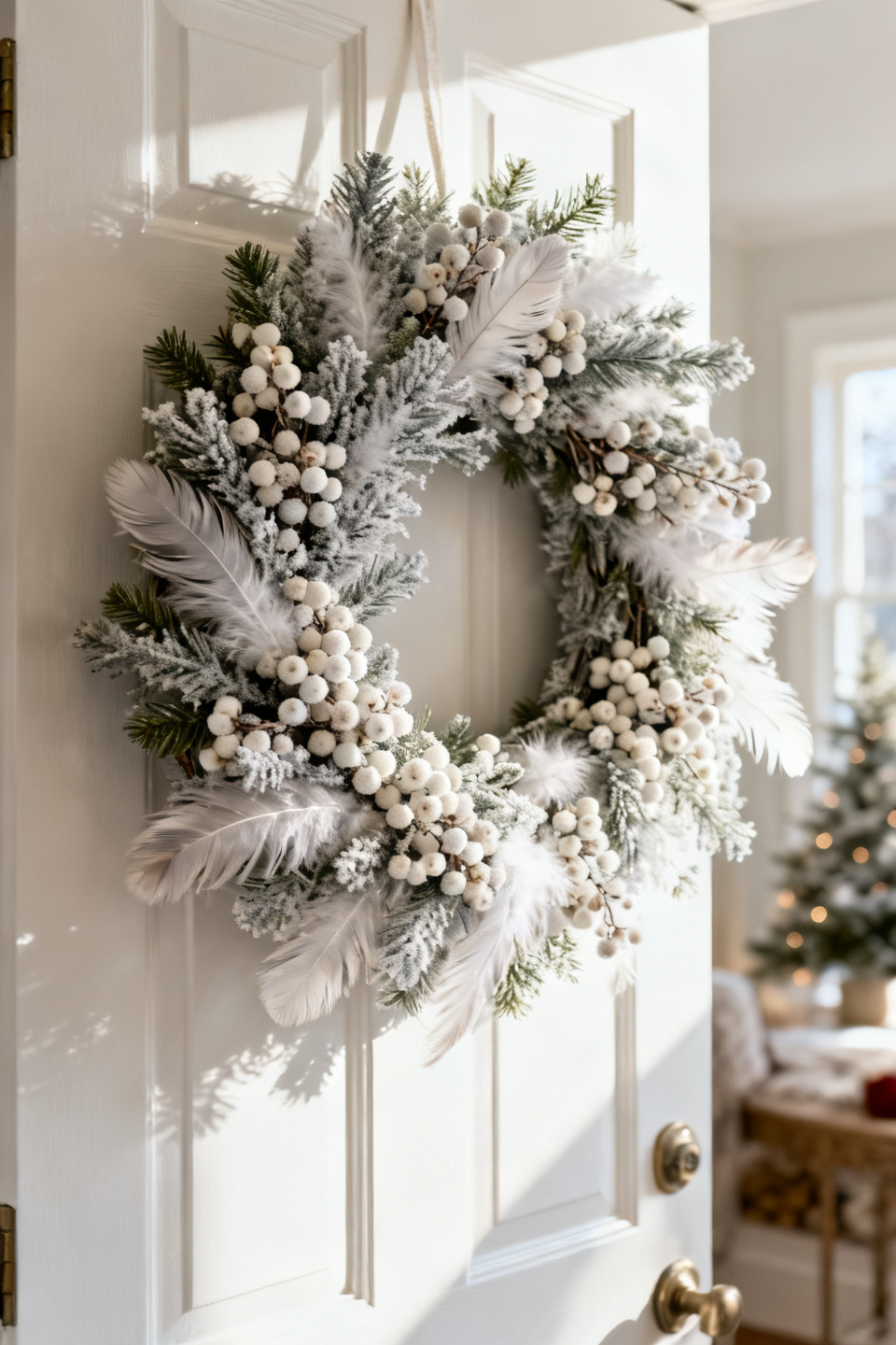 Winter white wreath with frosted berries and soft feathers on a gray door