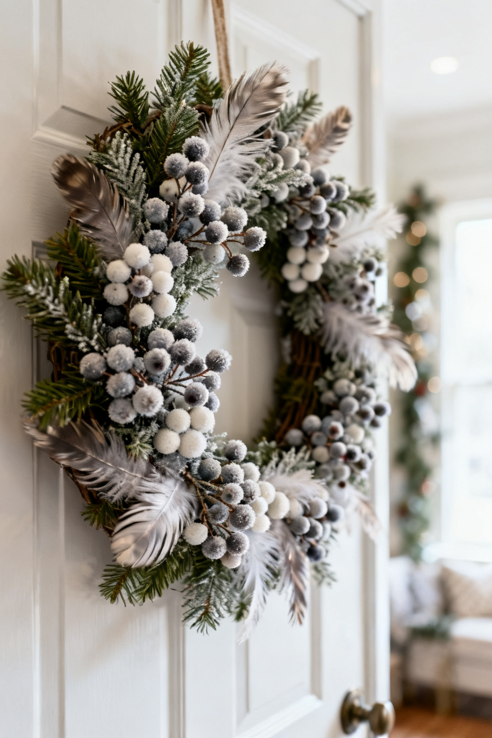 White feather and berry wreath with a silver ribbon accent